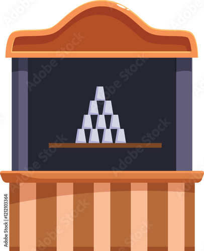 Stacked cups form a pyramid shape on a shelf in a carnival shooting gallery booth, inviting players to test their aim