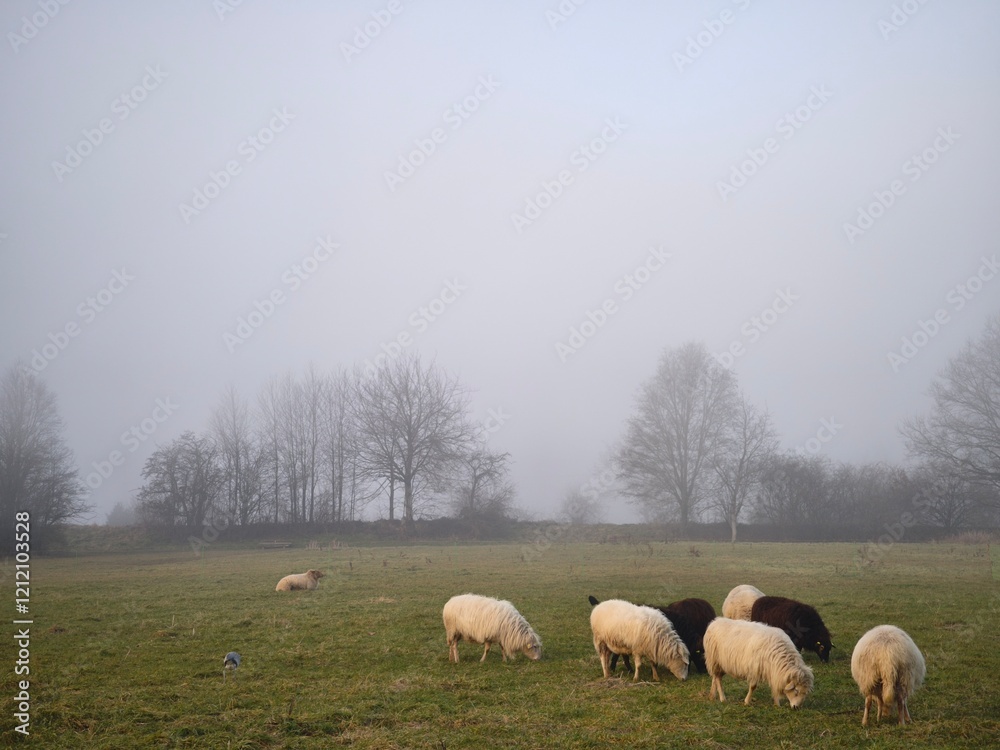 Obraz premium A small flock of sheep in the pasture in winter - the fog almost makes the trees disappear
