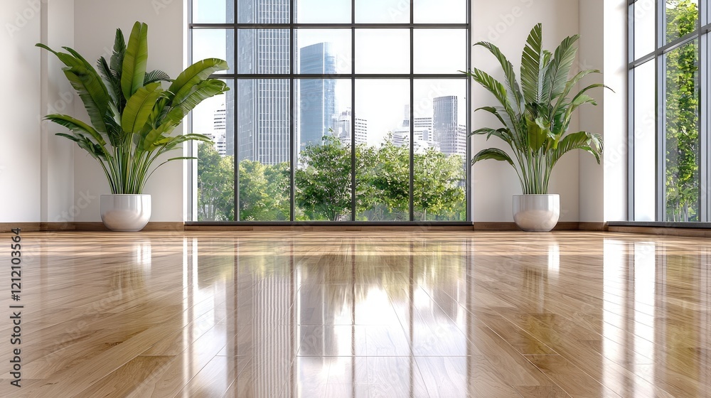 Fototapeta premium Modern empty room, city view, hardwood floor, plants. Ideal for real estate