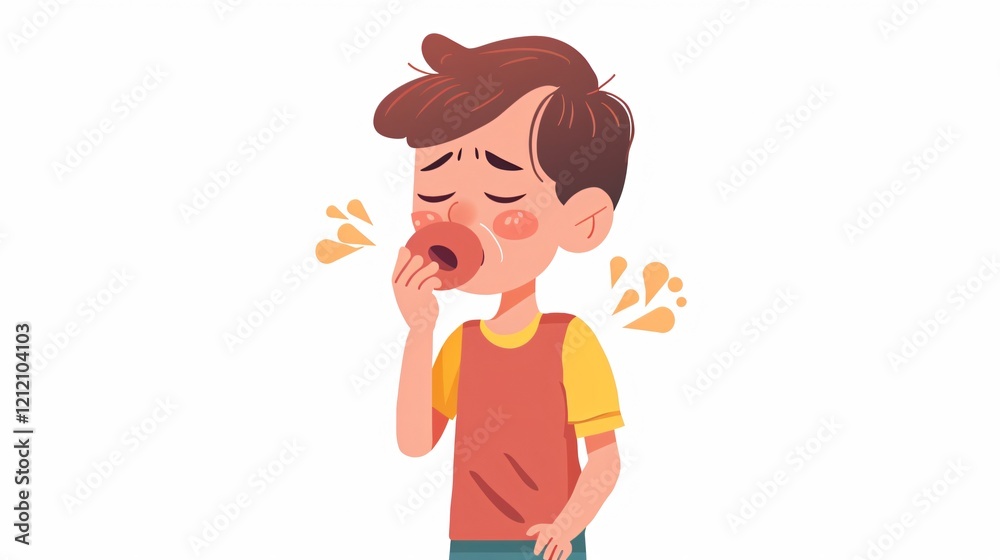 Sick Boy with Flu Coughing - Pneumonia Symptom in Kid Cart Sick Boy with Flu Coughing - Pneumonia Symptom in Kid Cart