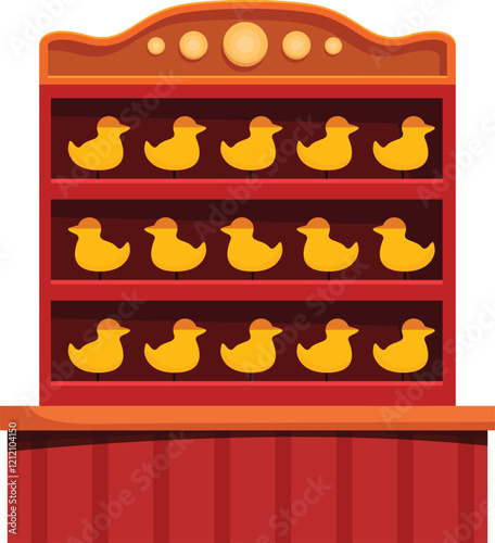 Rows of yellow ducks waiting to be shot in a shooting gallery at a carnival or funfair