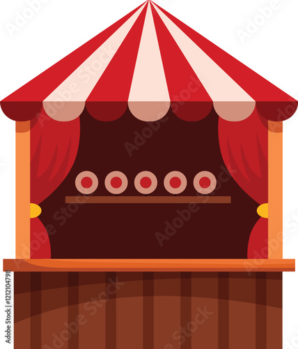 Shooting gallery booth at amusement park or funfair offering target practice with red and white striped awning