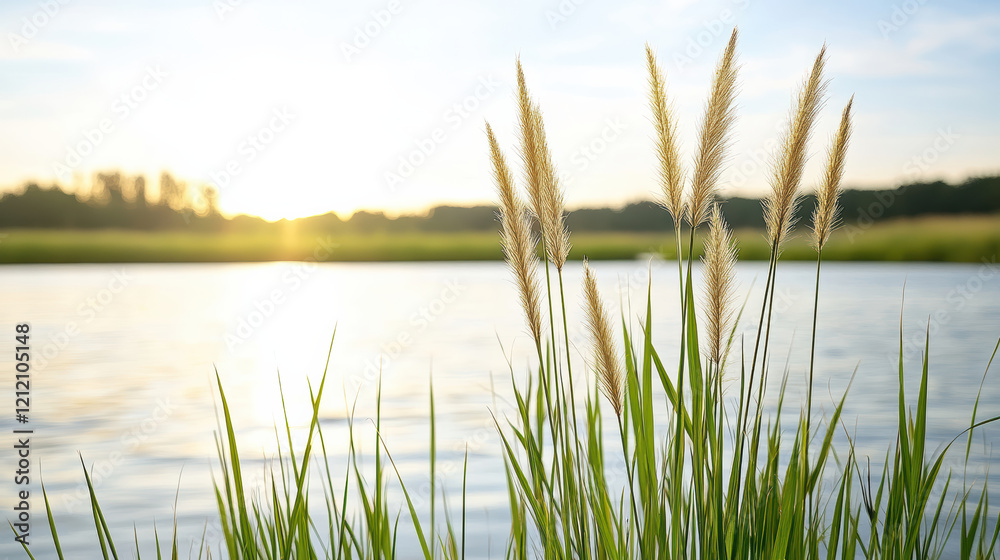 Obraz premium peaceful riverbank at dusk with reeds swaying gently in breeze