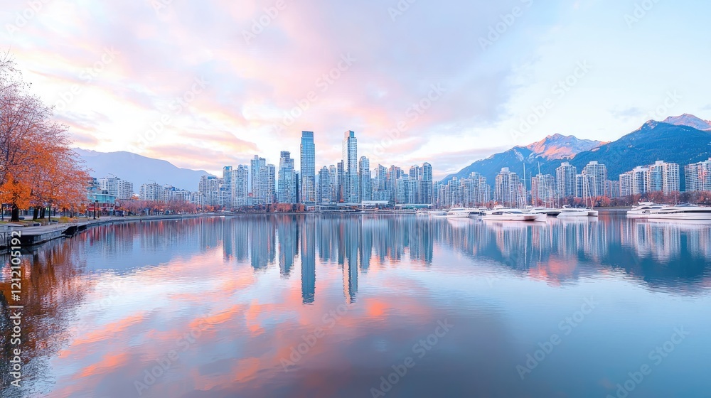 Fototapeta premium Cityscape sunrise reflection, harbor, mountains, autumn trees. Ideal for travel brochures