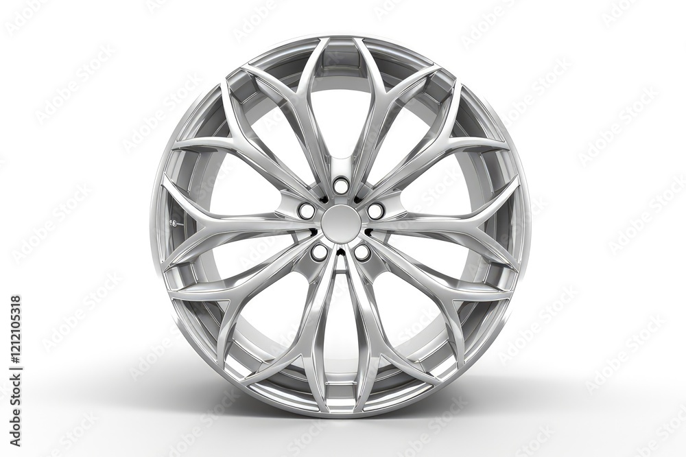 A stylized car wheel with intricate design and shiny metallic finish. isolated on white background A stylized car wheel with intricate design and shiny metallic finish. isolated on white background