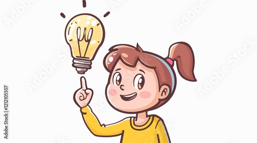 Creative Idea Concept with Girl and Kid Pointing at Lightbulb Icon Cartoon