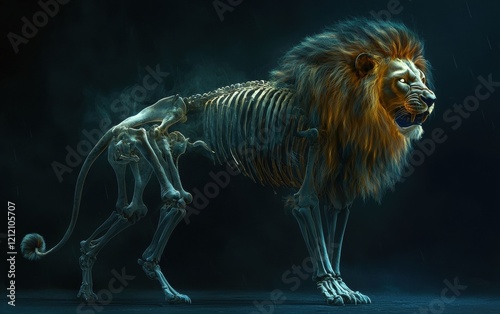 Skeleton lion standing proudly with a ghostly mane glowing, looking majestic photo