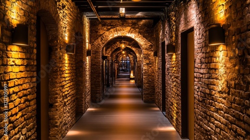 Dark brick hallway with arched doorways and warm lighting.