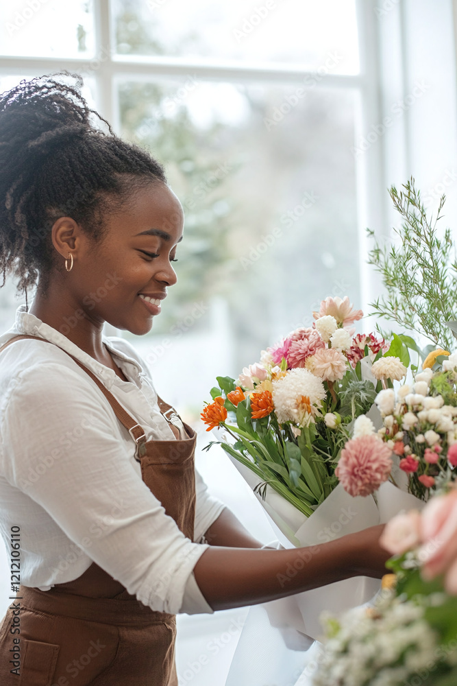 Beautiful black woman, smiling young florist holding a bouquet in a flower shop. For floral shop advertisements banner, greeting cards, vertical poster, Valentine's Day flyers, flower delivery. Beautiful black woman, smiling young florist holding a bouquet in a flower shop. For floral shop advertisements banner, greeting cards, vertical poster, Valentine's Day flyers, flower delivery.
