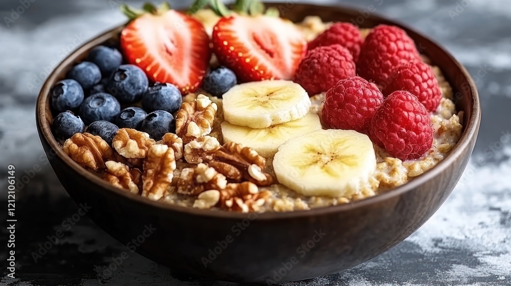 Oatmeal breakfast bowl with berries, banana, nuts