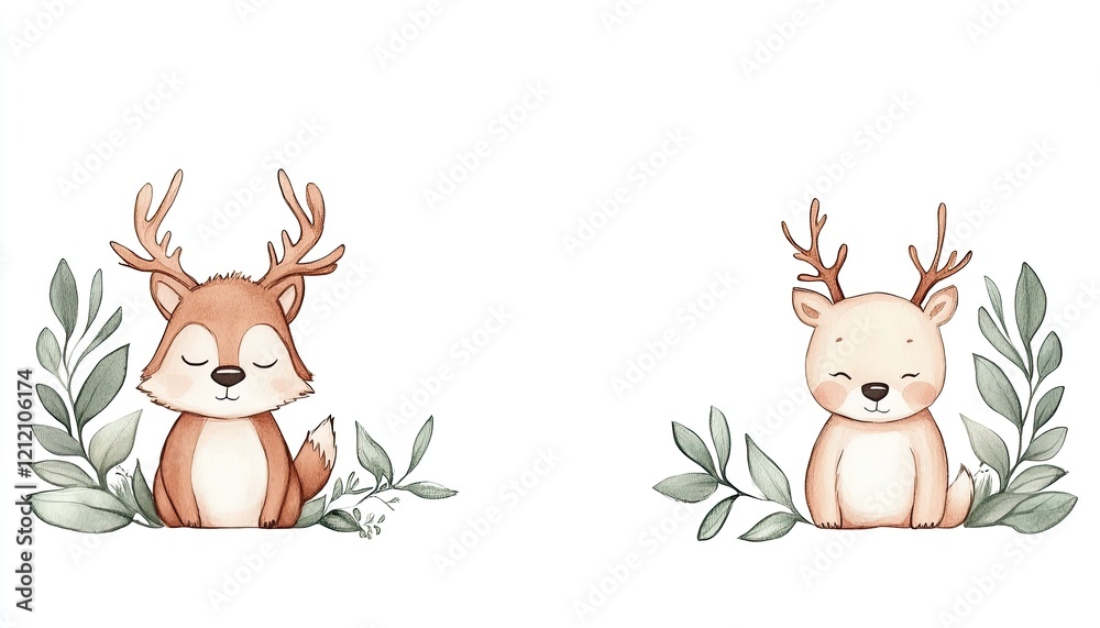 Cute cartoon deer characters with antlers resting among leafy greenery on a white background Cute cartoon deer characters with antlers resting among leafy greenery on a white background