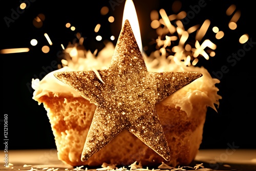 Glittery star atop cupcake with sparks and flame.
