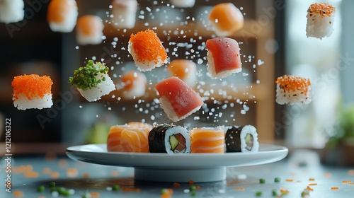 Delicious sushi pieces flying, restaurant background. Food photography for menu photo