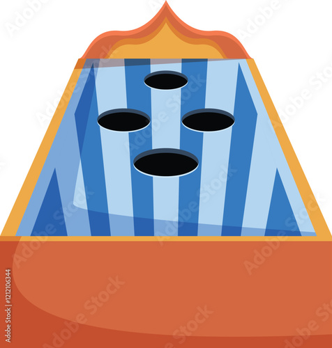 Classic beanbag toss game sitting on a tabletop, featuring a blue striped surface and four target holes