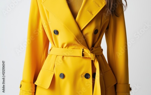 Bold yellow trench coat with structured lapels and button details, on white