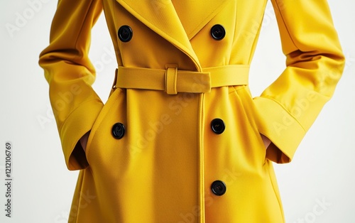 Bold yellow trench coat with structured lapels and button details, on white