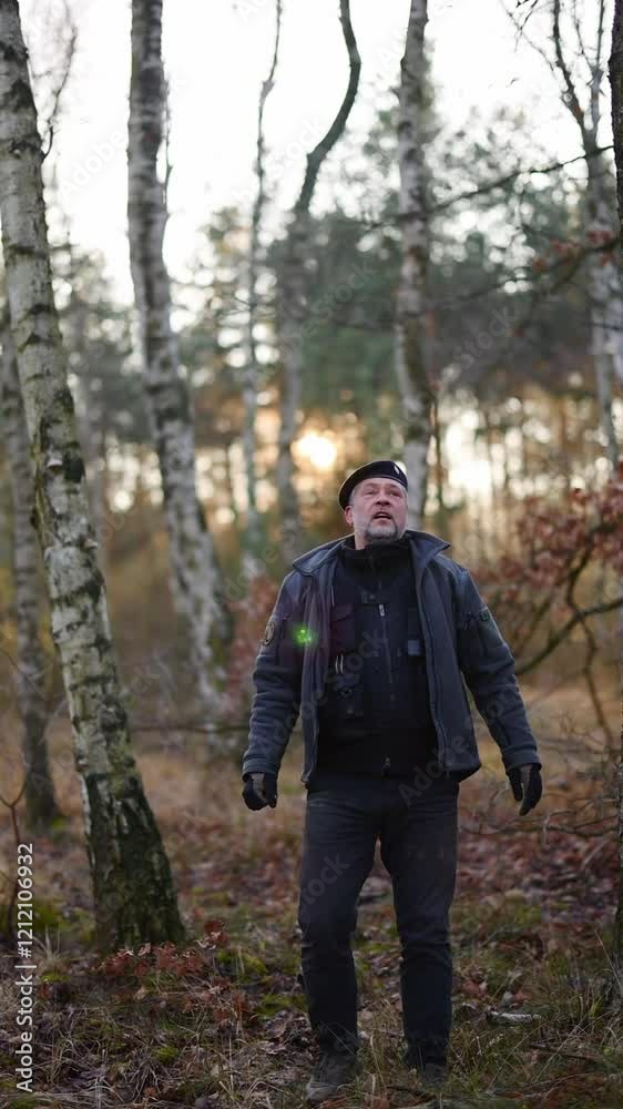 a man is looking for a path in the forest, active recreation, orienteering competition in the forest. Vertical video a man is looking for a path in the forest, active recreation, orienteering competition in the forest. Vertical video