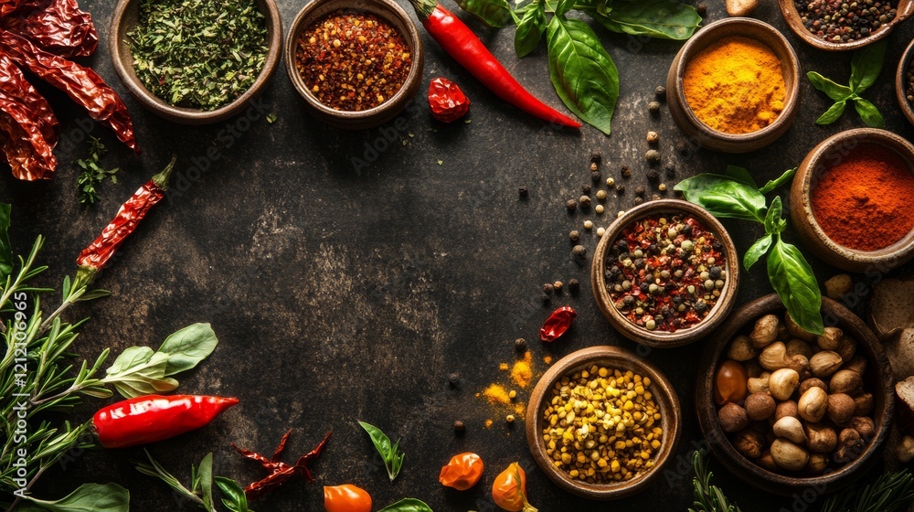 Spices and herbs in bowls on a rustic wooden table Spices and herbs in bowls on a rustic wooden table
