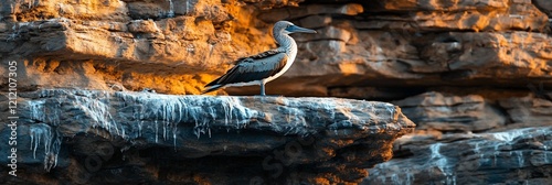 Blue-footed booby perched on a rocky cliff at sunset. photo