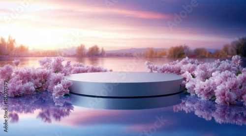 A round platform on the water, surrounded by pink flowers, with a blue and purple gradient background, a product display scene, with plenty of space for text or logo photo