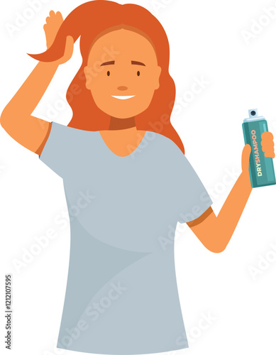 Redhead woman holding and applying dry shampoo on her hair, hair care and beauty routine