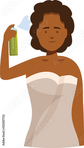 Smiling woman wrapped in towel using dry shampoo on hair after shower