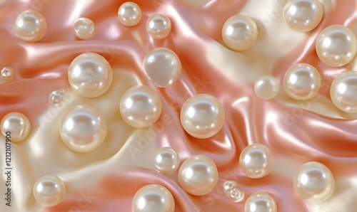 Pearls scattered on pink silk fabric, elegant background, luxury texture, website design