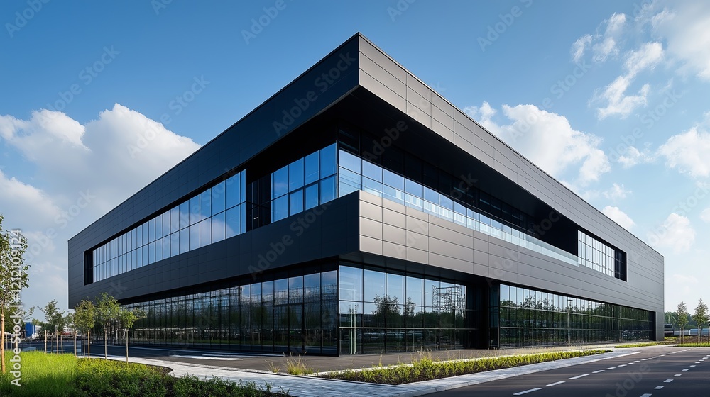 Modern architectural design of a black glass building in daytime Modern architectural design of a black glass building in daytime