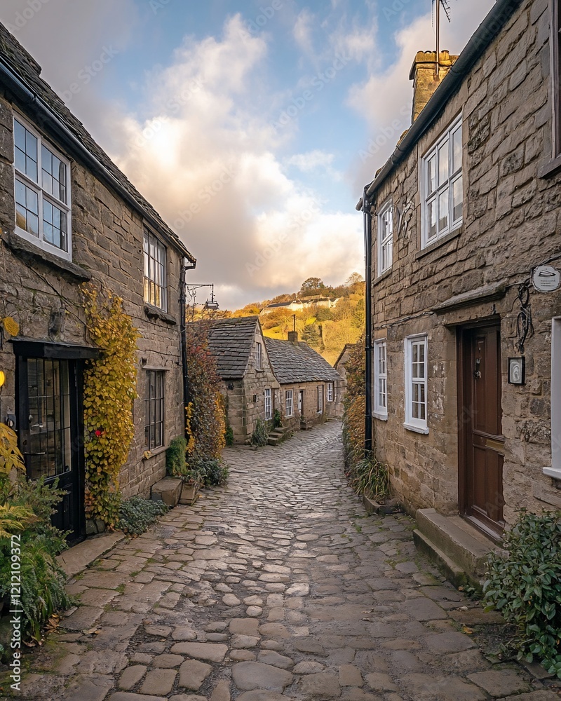 Charming cobblestone alleyway in quaint village, autumnal sunlight illuminating stone houses and foliage. Charming cobblestone alleyway in quaint village, autumnal sunlight illuminating stone houses and foliage.