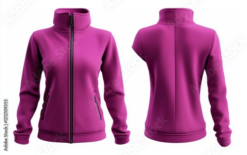 Chic magenta softshell zip-up mockup, front and back view, bright white background photo