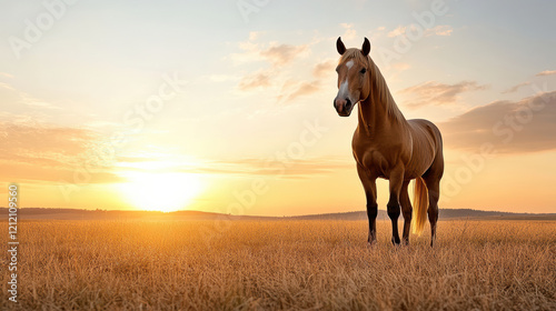 silhouette of horse against vibrant sunset in golden field