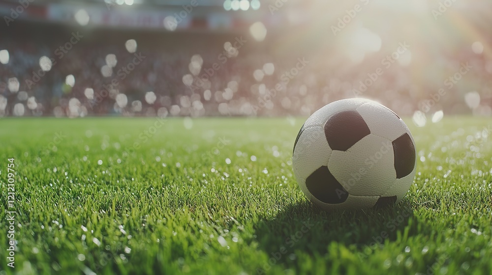 Fototapeta premium Soccer Ball on Lush Green Field with Blurred Crowd Background Under Bright Sunlight, Ideal for Text Overlay