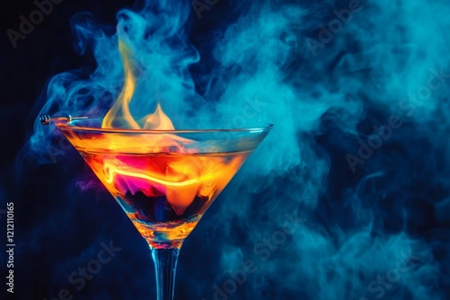 cocktail alcohol drink in martini glass with blue smoke and burning fire isolated on dark background, creating neon color impression in glass photo