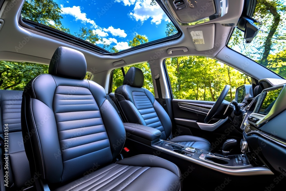 Fototapeta premium Inside a state-of-the-art, luxury automobile, passengers experience the perfect blend of sport and comfort, thanks to meticulously sewn car leather seats that incorporate horizontal headrests and the