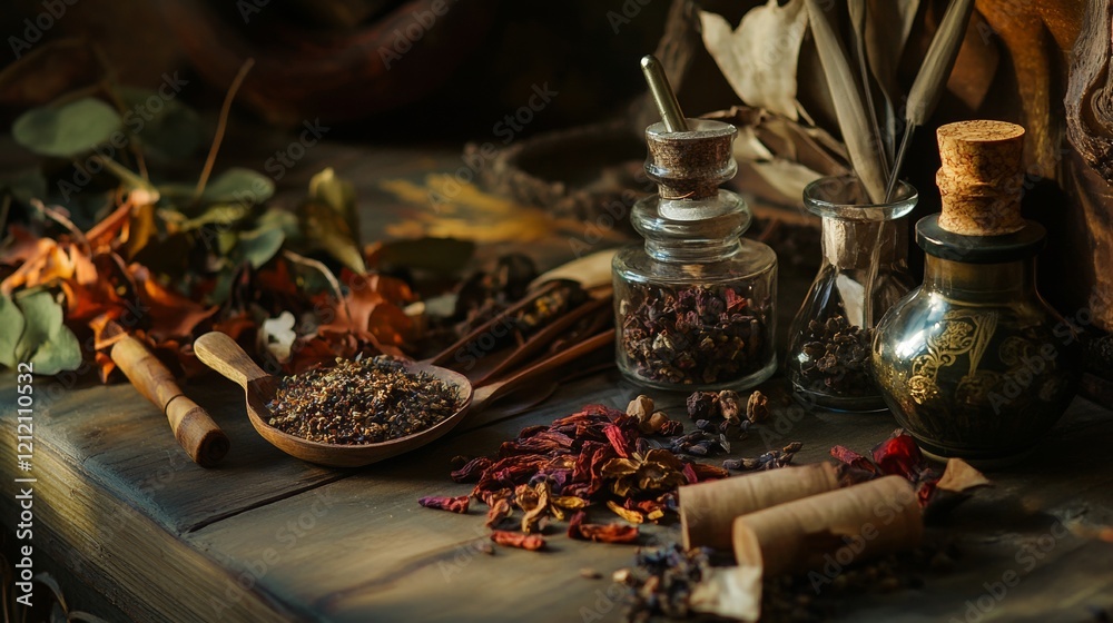 Fototapeta premium Rustic spices and herbs on a wooden table