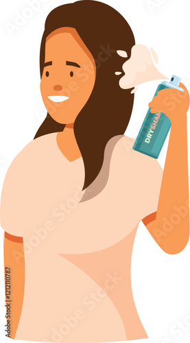 Woman using a spray for a fast hair care routine, applying dry shampoo on her hair