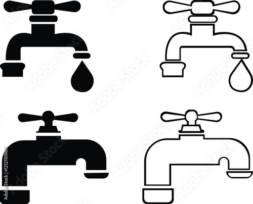 water faucet icon set.line art illustration with dripping droplets on white background for graphic.Water tap with flowing water in one line art style.Drinking water company symbol for apps and website