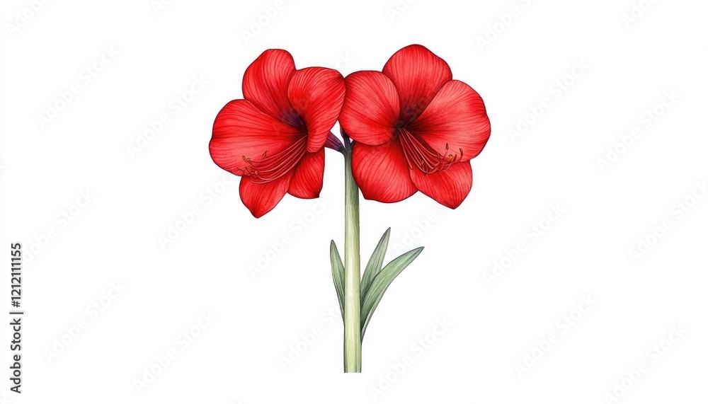 Vibrant red amaryllis flowers blooming elegantly against a clean white background, ideal for botanical illustrations Vibrant red amaryllis flowers blooming elegantly against a clean white background, ideal for botanical illustrations