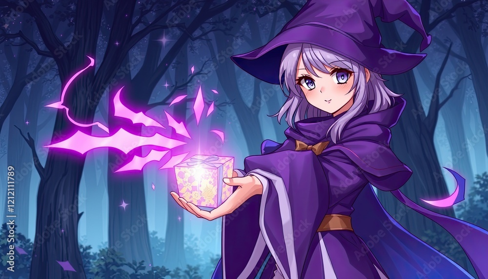 Purple Haired Witch Presents Magical Gift In Forest Purple Haired Witch Presents Magical Gift In Forest