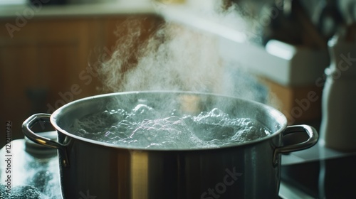 Boiling water in a stainless steel pot, captured in a well-lit kitchen setting, showcasing home cooking moments. photo