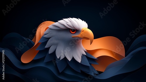 Bald eagle portrait, paper art style, dark background, waves photo