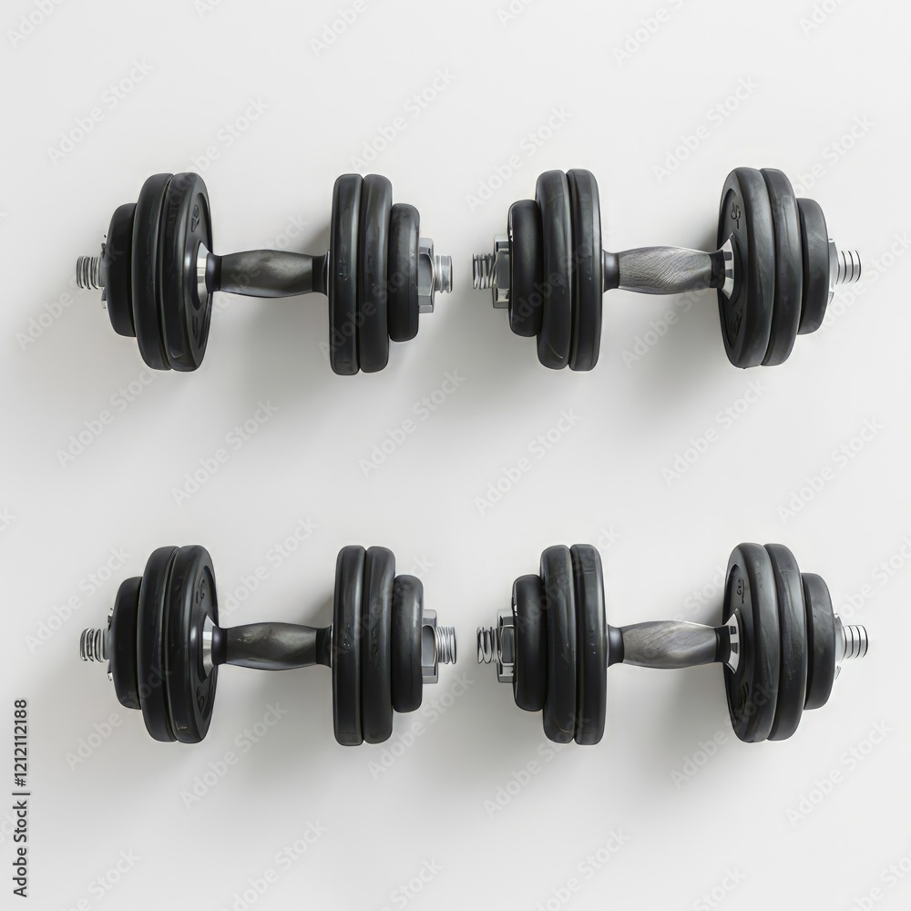 A set of black dumbbells arranged in two rows on a white background for fitness purposes. A set of black dumbbells arranged in two rows on a white background for fitness purposes.