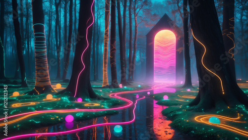 Enchanted Neon Forest with a Mystical Portal

