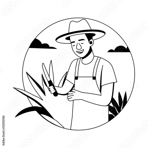 A glyph illustration of mexican farmer harvest crop in fields