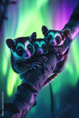 Three sugar gliders on branch, aurora borealis, forest photo