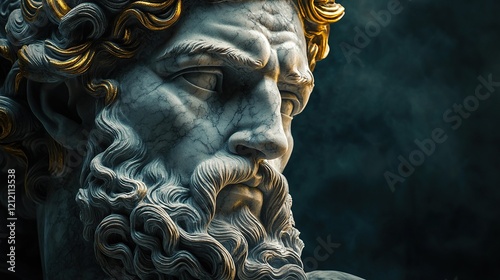 Intricate marble sculpture of Zeus with gold details against a moody backdrop photo