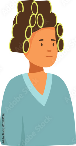 Young woman is wearing hair curlers and waiting for her hairdo, getting ready for a special occasion