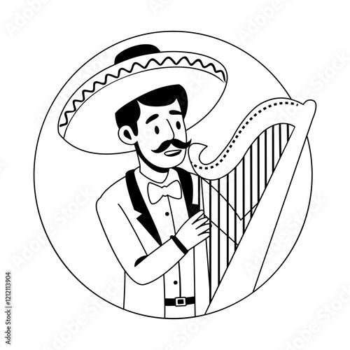 A glyph illustration of mexican harp player