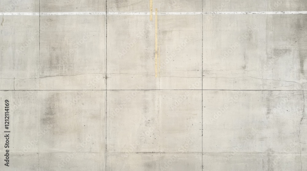Overhead view of a light gray concrete surface with faint yellow lines and white markings. Overhead view of a light gray concrete surface with faint yellow lines and white markings.