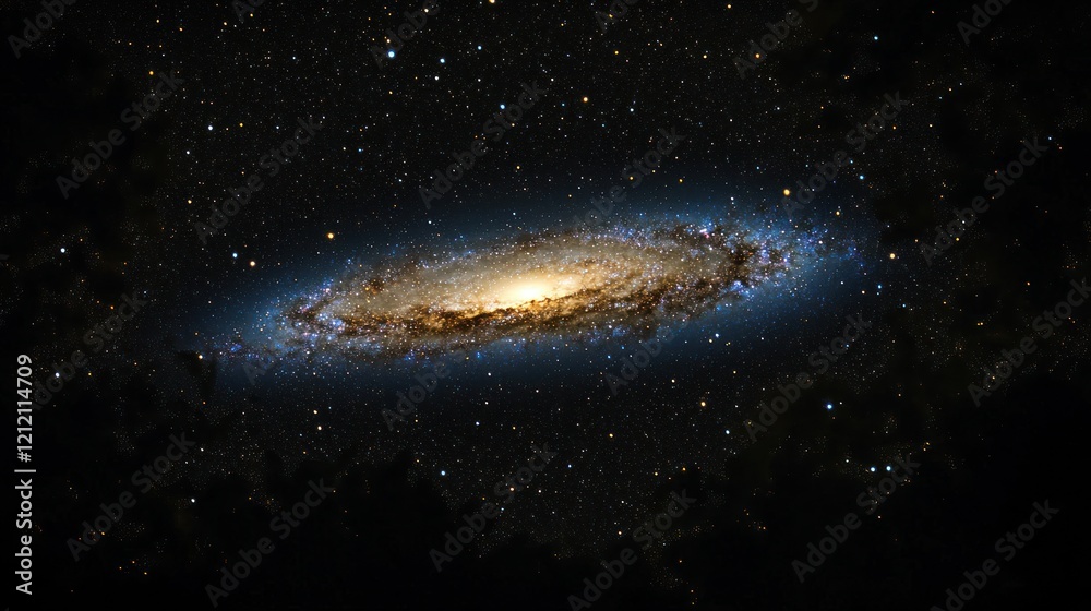 Fototapeta premium A glowing galaxy spiral seen from Earth, with a silhouette of trees in the foreground.